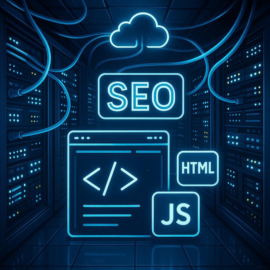 Modernes Serverzentrum mit leuchtenden LAN-Kabeln, blinkenden Serverlichtern, Cloud-Elementen sowie schematischen Webseitencodes, HTML- und JavaScript-Icons in kühlem Blau und Neon-Akzenten, symbolisieren die digitale Infrastruktur und technische Backbone für Websites. Credit: 404 Magazine (Tobias Hager)