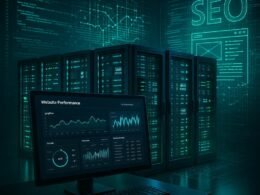 Serverraum mit leuchtenden LEDs, Analyse-Tools auf Bildschirm und holografischen Computer-Codes zur Visualisierung von Datenströmen und Webseiten-Strukturen.