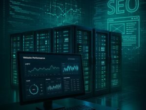 Serverraum mit leuchtenden LEDs, Analyse-Tools auf Bildschirm und holografischen Computer-Codes zur Visualisierung von Datenströmen und Webseiten-Strukturen.