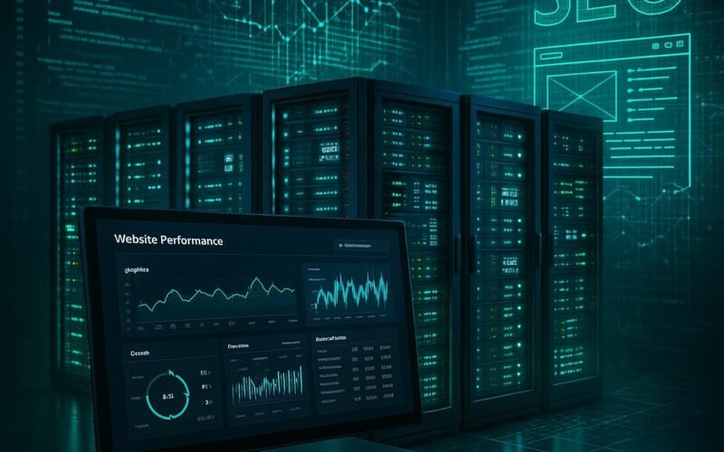 Serverraum mit leuchtenden LEDs, Analyse-Tools auf Bildschirm und holografischen Computer-Codes zur Visualisierung von Datenströmen und Webseiten-Strukturen.