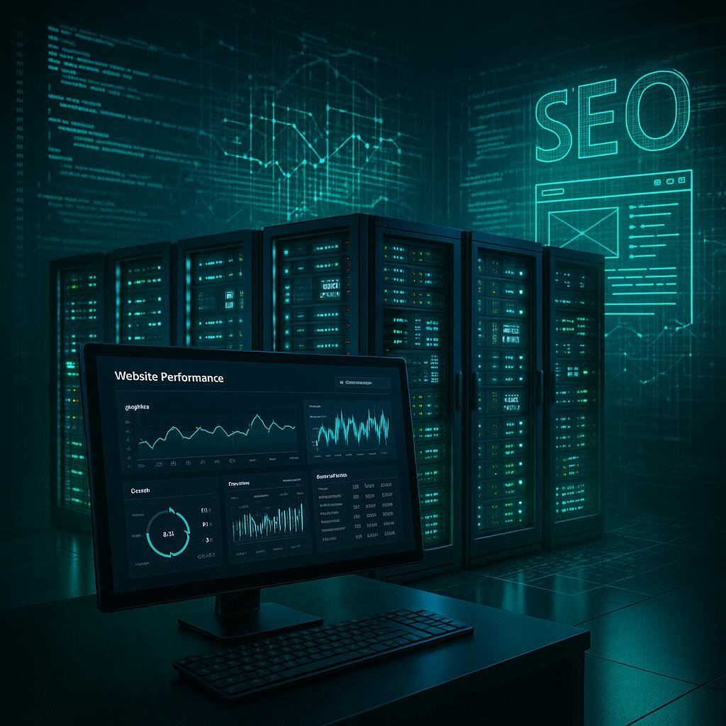 Serverraum mit leuchtenden LEDs, Analyse-Tools auf Bildschirm und holografischen Computer-Codes zur Visualisierung von Datenströmen und Webseiten-Strukturen.