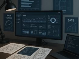 Technisches Arbeitszimmer mit großem Bildschirm, Code-Dokumenten, Diagrammen zu Web-Performance und Mobile-First-Design, visualisiert Datenanalyse und SEO-Optimierung.