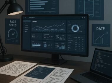 Technisches Arbeitszimmer mit großem Bildschirm, Code-Dokumenten, Diagrammen zu Web-Performance und Mobile-First-Design, visualisiert Datenanalyse und SEO-Optimierung.