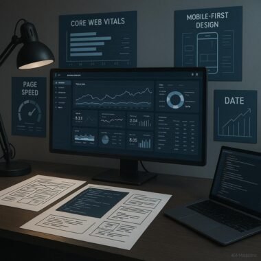 Technisches Arbeitszimmer mit großem Bildschirm, Code-Dokumenten, Diagrammen zu Web-Performance und Mobile-First-Design, visualisiert Datenanalyse und SEO-Optimierung.