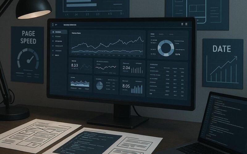 Technisches Arbeitszimmer mit großem Bildschirm, Code-Dokumenten, Diagrammen zu Web-Performance und Mobile-First-Design, visualisiert Datenanalyse und SEO-Optimierung.
