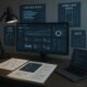 Technisches Arbeitszimmer mit großem Bildschirm, Code-Dokumenten, Diagrammen zu Web-Performance und Mobile-First-Design, visualisiert Datenanalyse und SEO-Optimierung.