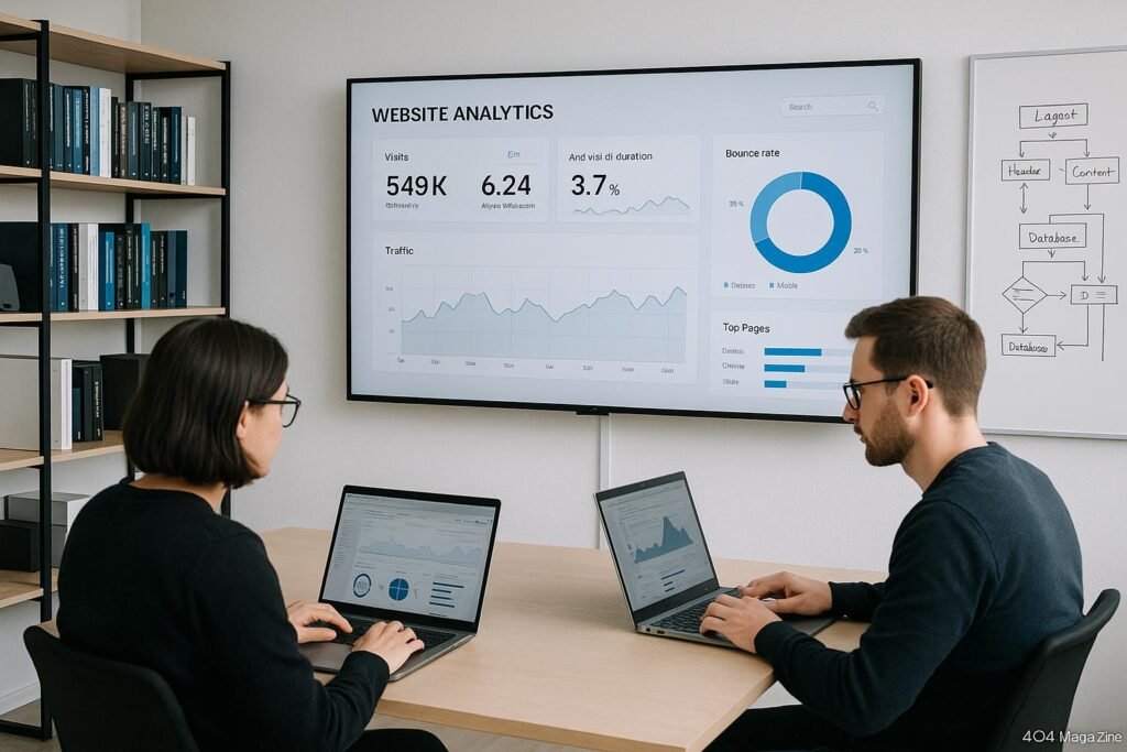 Zwei Fachleute arbeiten konzentriert an Laptops in einem modernen, minimalistischen Büro mit einem großen Bildschirm, der eine technische Website-Analyse zeigt, im Hintergrund Regale und Whiteboard. Credit: 404 Magazine (Tobias Hager).