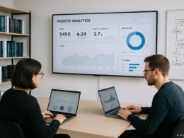 Zwei Fachleute arbeiten konzentriert an Laptops in einem modernen, minimalistischen Büro mit einem großen Bildschirm, der eine technische Website-Analyse zeigt, im Hintergrund Regale und Whiteboard. Credit: 404 Magazine (Tobias Hager).
