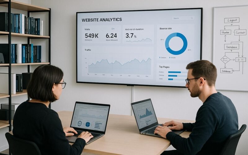 Zwei Fachleute arbeiten konzentriert an Laptops in einem modernen, minimalistischen Büro mit einem großen Bildschirm, der eine technische Website-Analyse zeigt, im Hintergrund Regale und Whiteboard. Credit: 404 Magazine (Tobias Hager).