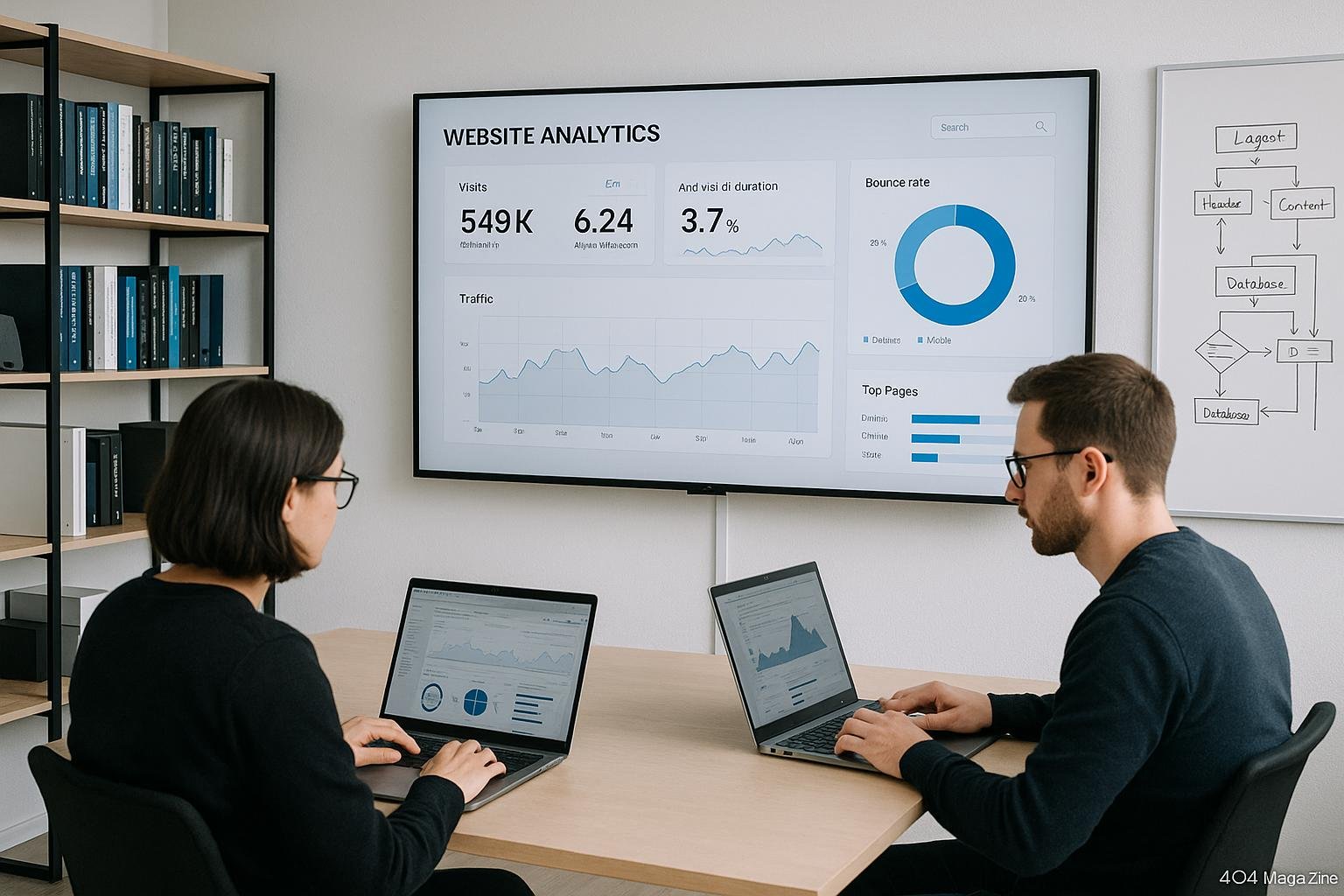 Zwei Fachleute arbeiten konzentriert an Laptops in einem modernen, minimalistischen Büro mit einem großen Bildschirm, der eine technische Website-Analyse zeigt, im Hintergrund Regale und Whiteboard. Credit: 404 Magazine (Tobias Hager).