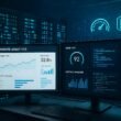 Modernes Serverraum-Setup mit leuchtenden Serverracks, Monitoren mit Analyse-Dashboards und digitalem Netzwerk-Rendering, Symbolen für Performance und Web-Optimierung