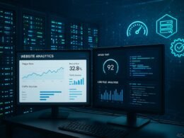 Modernes Serverraum-Setup mit leuchtenden Serverracks, Monitoren mit Analyse-Dashboards und digitalem Netzwerk-Rendering, Symbolen für Performance und Web-Optimierung