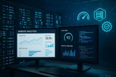 Modernes Serverraum-Setup mit leuchtenden Serverracks, Monitoren mit Analyse-Dashboards und digitalem Netzwerk-Rendering, Symbolen für Performance und Web-Optimierung
