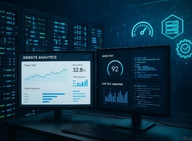 Modernes Serverraum-Setup mit leuchtenden Serverracks, Monitoren mit Analyse-Dashboards und digitalem Netzwerk-Rendering, Symbolen für Performance und Web-Optimierung