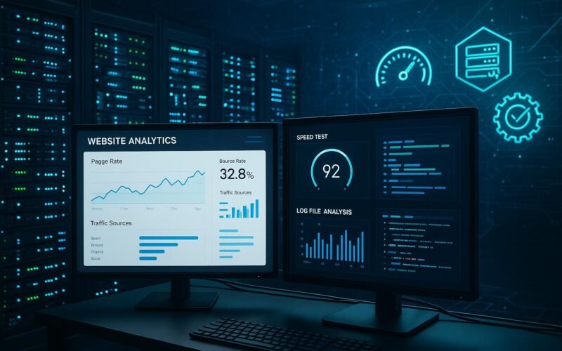 Modernes Serverraum-Setup mit leuchtenden Serverracks, Monitoren mit Analyse-Dashboards und digitalem Netzwerk-Rendering, Symbolen für Performance und Web-Optimierung