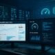 Modernes Serverraum-Setup mit leuchtenden Serverracks, Monitoren mit Analyse-Dashboards und digitalem Netzwerk-Rendering, Symbolen für Performance und Web-Optimierung