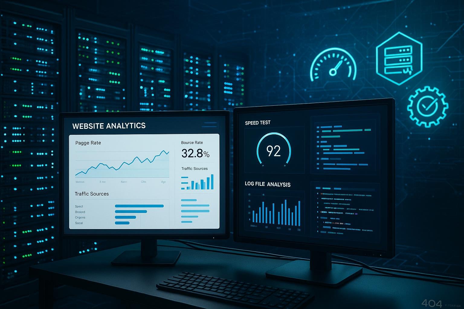 Modernes Serverraum-Setup mit leuchtenden Serverracks, Monitoren mit Analyse-Dashboards und digitalem Netzwerk-Rendering, Symbolen für Performance und Web-Optimierung