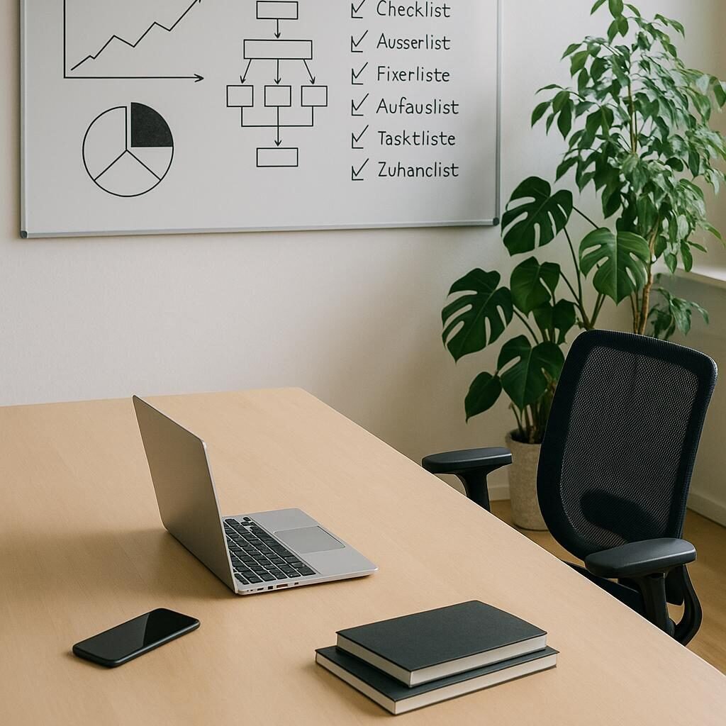 Modernes minimalistisches Büro mit großem Tisch, Laptop, Smartphone, Whiteboard mit Diagrammen und Pflanzen, helles natürliches Licht, ergonomischer Stuhl.