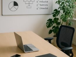 Modernes minimalistisches Büro mit großem Tisch, Laptop, Smartphone, Whiteboard mit Diagrammen und Pflanzen, helles natürliches Licht, ergonomischer Stuhl.
