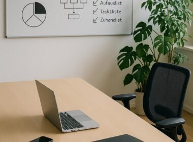 Modernes minimalistisches Büro mit großem Tisch, Laptop, Smartphone, Whiteboard mit Diagrammen und Pflanzen, helles natürliches Licht, ergonomischer Stuhl.