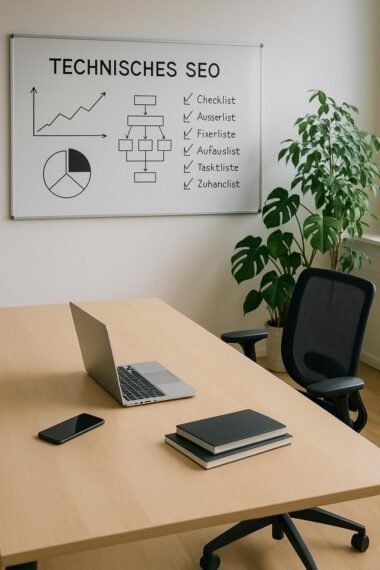 Modernes minimalistisches Büro mit großem Tisch, Laptop, Smartphone, Whiteboard mit Diagrammen und Pflanzen, helles natürliches Licht, ergonomischer Stuhl.