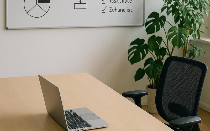 Modernes minimalistisches Büro mit großem Tisch, Laptop, Smartphone, Whiteboard mit Diagrammen und Pflanzen, helles natürliches Licht, ergonomischer Stuhl.