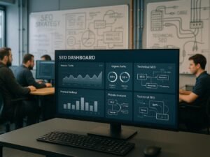 Modernes Büro mit großem Bildschirm, Entwicklern, Whiteboards mit Notizen, Server-Hardware und Kabeln, symbolisiert technische Infrastruktur und SEO-Strategien