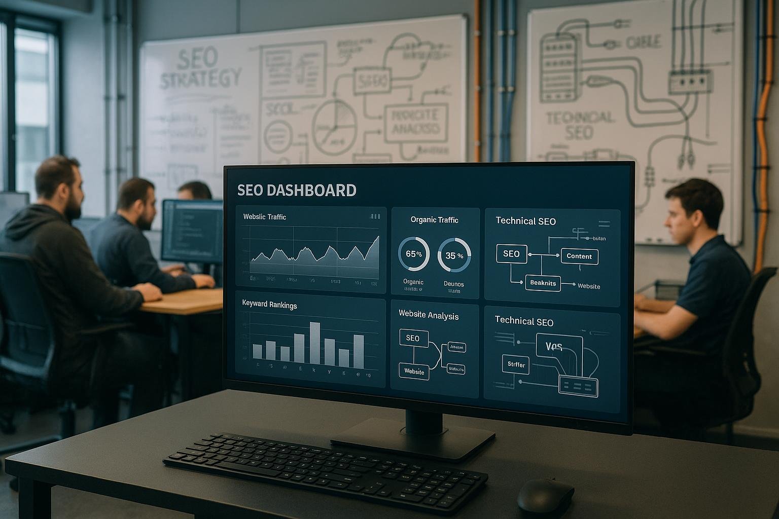 Modernes Büro mit großem Bildschirm, Entwicklern, Whiteboards mit Notizen, Server-Hardware und Kabeln, symbolisiert technische Infrastruktur und SEO-Strategien
