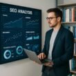 Engagierter SEO Manager steht vor digitaler Wand mit Graphen und Analysen in modernem Büro