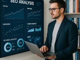 Engagierter SEO Manager steht vor digitaler Wand mit Graphen und Analysen in modernem Büro