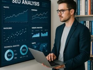 Engagierter SEO Manager steht vor digitaler Wand mit Graphen und Analysen in modernem Büro