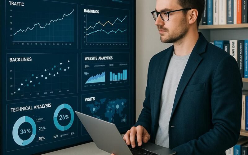 Engagierter SEO Manager steht vor digitaler Wand mit Graphen und Analysen in modernem Büro