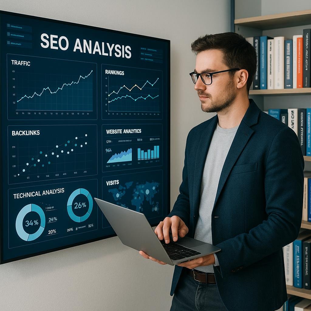 Engagierter SEO Manager steht vor digitaler Wand mit Graphen und Analysen in modernem Büro