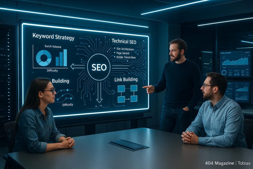 Modernes Büro mit digitalem Whiteboard, das SEO-Strategie Diagramme zeigt, umgeben von Teammitgliedern, Server-Racks und Analytics-Monitoren. Foto von Tobias Hager, 404 Magazine.