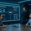 Modernes Büro mit digitalem Whiteboard, das SEO-Strategie Diagramme zeigt, umgeben von Teammitgliedern, Server-Racks und Analytics-Monitoren. Foto von Tobias Hager, 404 Magazine.