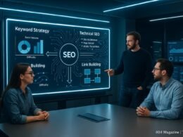 Modernes Büro mit digitalem Whiteboard, das SEO-Strategie Diagramme zeigt, umgeben von Teammitgliedern, Server-Racks und Analytics-Monitoren. Foto von Tobias Hager, 404 Magazine.