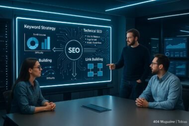 Modernes Büro mit digitalem Whiteboard, das SEO-Strategie Diagramme zeigt, umgeben von Teammitgliedern, Server-Racks und Analytics-Monitoren. Foto von Tobias Hager, 404 Magazine.