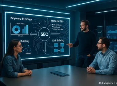 Modernes Büro mit digitalem Whiteboard, das SEO-Strategie Diagramme zeigt, umgeben von Teammitgliedern, Server-Racks und Analytics-Monitoren. Foto von Tobias Hager, 404 Magazine.