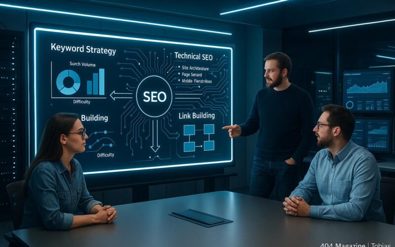 Modernes Büro mit digitalem Whiteboard, das SEO-Strategie Diagramme zeigt, umgeben von Teammitgliedern, Server-Racks und Analytics-Monitoren. Foto von Tobias Hager, 404 Magazine.
