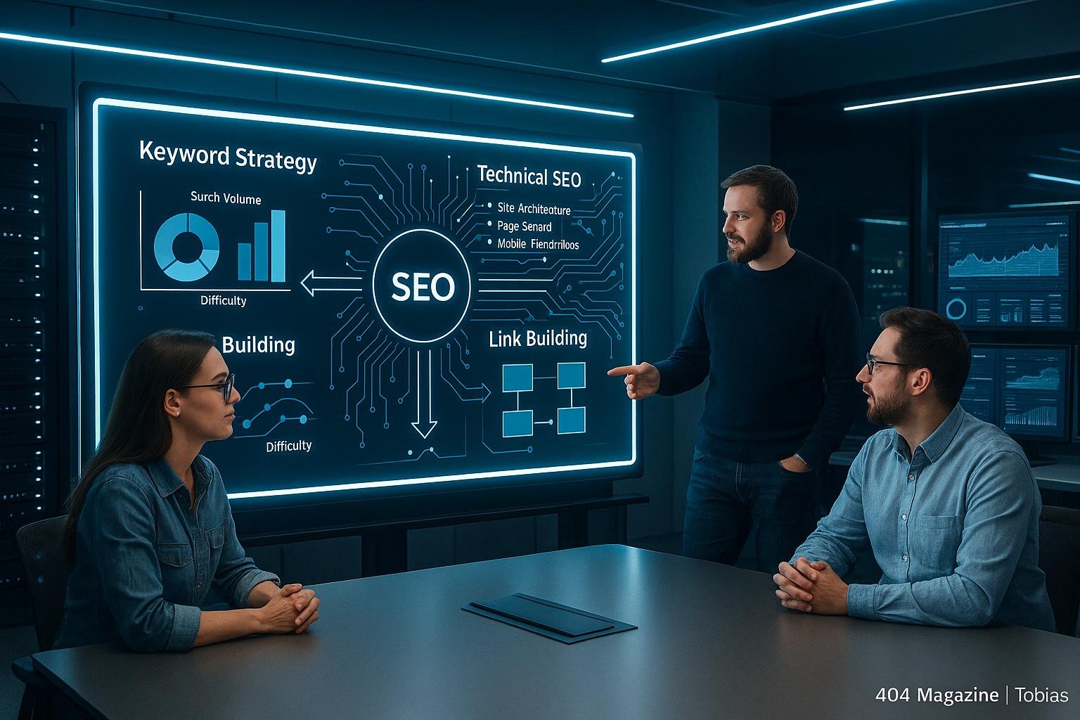 Modernes Büro mit digitalem Whiteboard, das SEO-Strategie Diagramme zeigt, umgeben von Teammitgliedern, Server-Racks und Analytics-Monitoren. Foto von Tobias Hager, 404 Magazine.