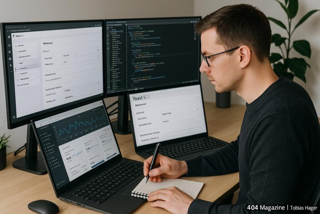 Ein professioneller SEO-Experte arbeitet an einem Schreibtisch mit mehreren Monitoren, die Website-Analysen und SEO-Tools anzeigen.
