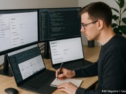 Ein professioneller SEO-Experte arbeitet an einem Schreibtisch mit mehreren Monitoren, die Website-Analysen und SEO-Tools anzeigen.