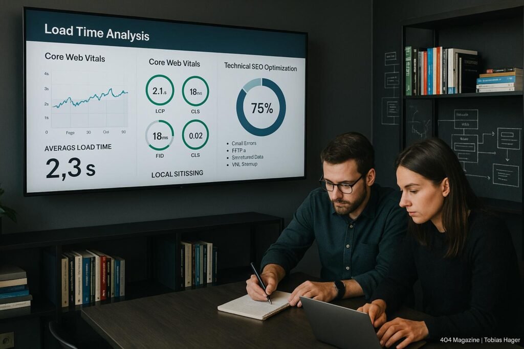 Zwei Personen konzentriert bei strategischer Planung für lokale SEO vor einem großen Bildschirm mit Website-Analysetools in einem professionellen Büro