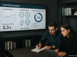 Zwei Personen konzentriert bei strategischer Planung für lokale SEO vor einem großen Bildschirm mit Website-Analysetools in einem professionellen Büro