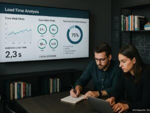 Zwei Personen konzentriert bei strategischer Planung für lokale SEO vor einem großen Bildschirm mit Website-Analysetools in einem professionellen Büro