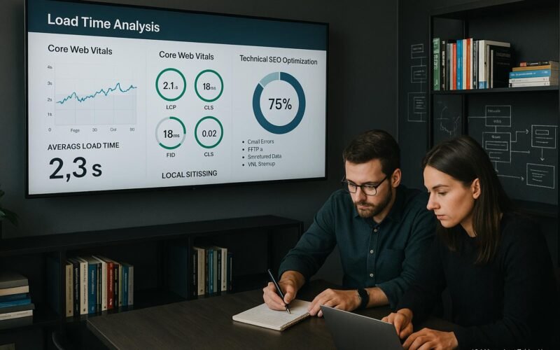 Zwei Personen konzentriert bei strategischer Planung für lokale SEO vor einem großen Bildschirm mit Website-Analysetools in einem professionellen Büro