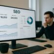 Modernes Büro mit großem Monitor, der SEO-Daten und Graphen anzeigt, eine Person analysiert die Daten, mit Kaffeetasse im Vordergrund