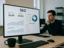 Modernes Büro mit großem Monitor, der SEO-Daten und Graphen anzeigt, eine Person analysiert die Daten, mit Kaffeetasse im Vordergrund