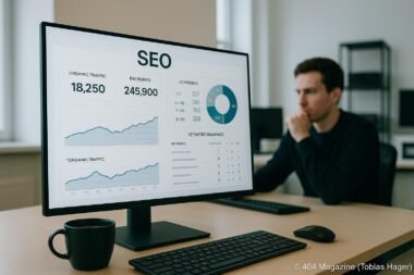 Modernes Büro mit großem Monitor, der SEO-Daten und Graphen anzeigt, eine Person analysiert die Daten, mit Kaffeetasse im Vordergrund
