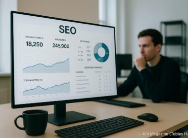 Modernes Büro mit großem Monitor, der SEO-Daten und Graphen anzeigt, eine Person analysiert die Daten, mit Kaffeetasse im Vordergrund